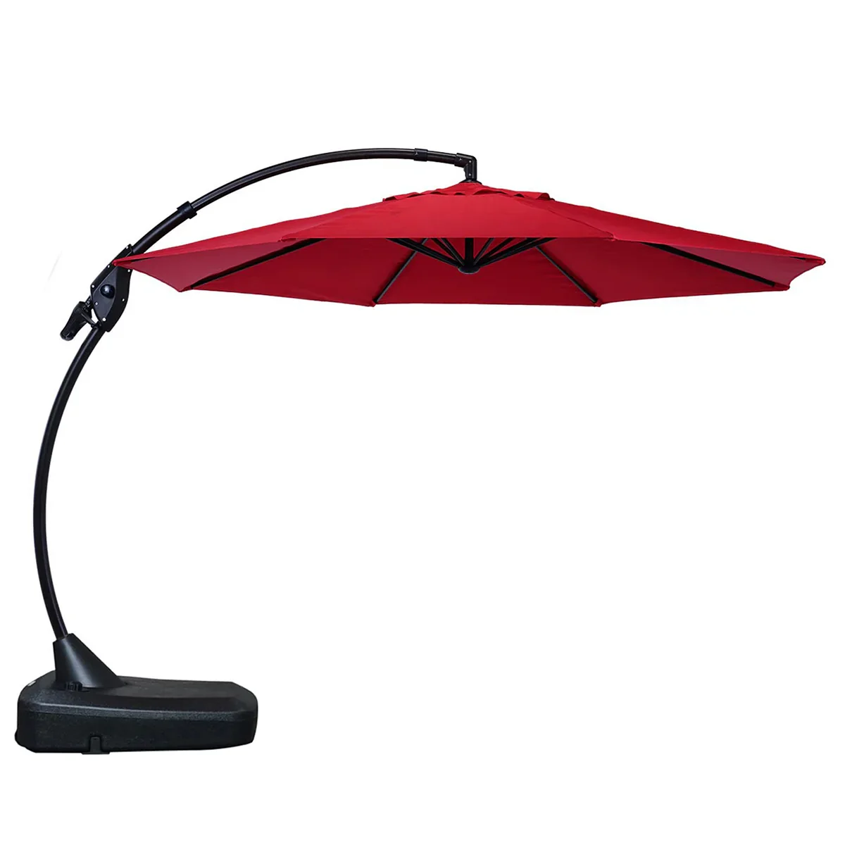 Grand Patio Napoli 11ft cantilever umbrella with curved aluminum frame and weighted base, side profile on white background