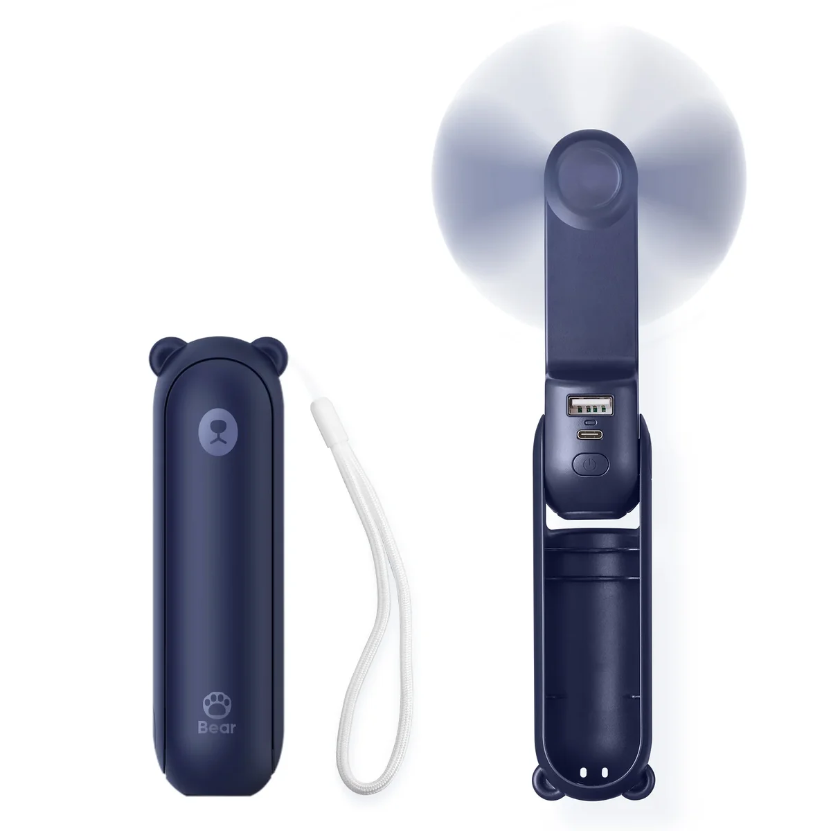 Jisulife Handheld Fan in navy blue, shown folded closed and open with spinning blades