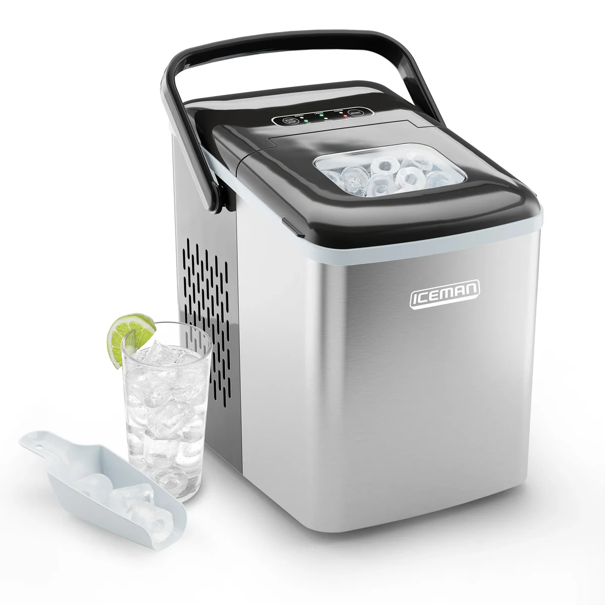 Iceman by Chefman Dual-Size ice maker 3/4 angle view with ice-filled glass and scoop on white background
