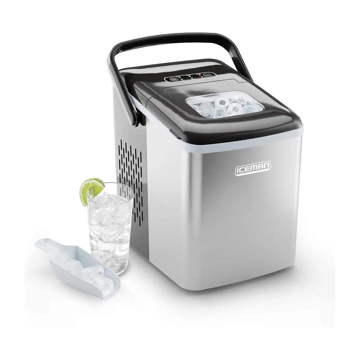 Iceman by Chefman Dual-Size ice maker in stainless steel with glass of iced water and scoop on white background