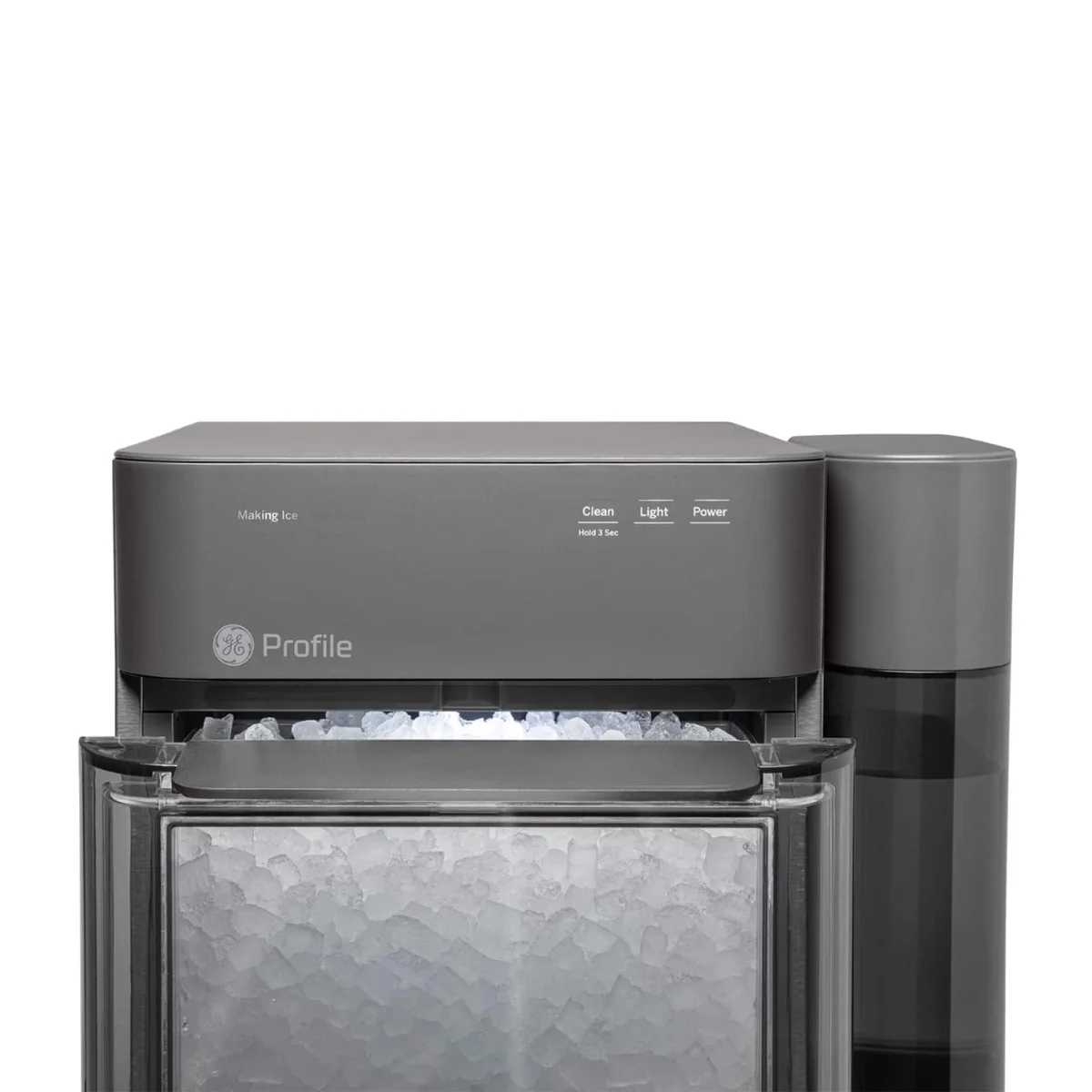 GE Profile Opal 2.0 ice bin drawer open revealing nugget ice with internal lighting
