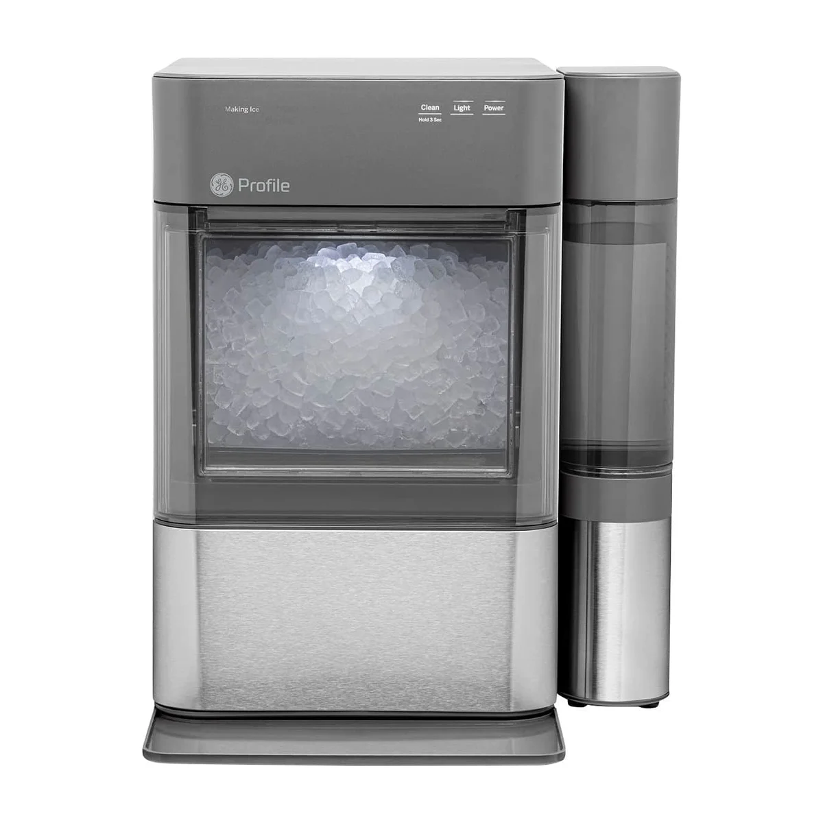 GE Profile Opal 2.0 Nugget Ice Maker front view with side tank and stainless steel base