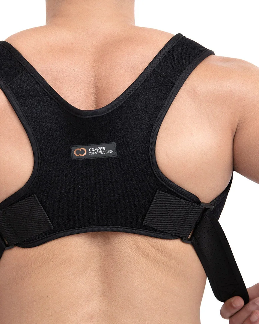 Close-up of the Copper Compression Posture Corrector adjustable underarm straps and branded back panel