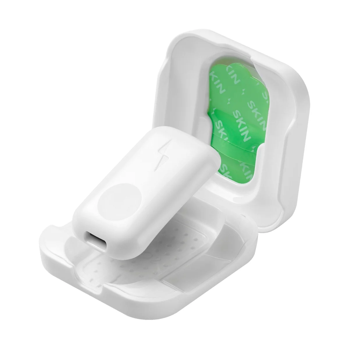 Upright GO 2 sensor with its charging case and adhesive pad