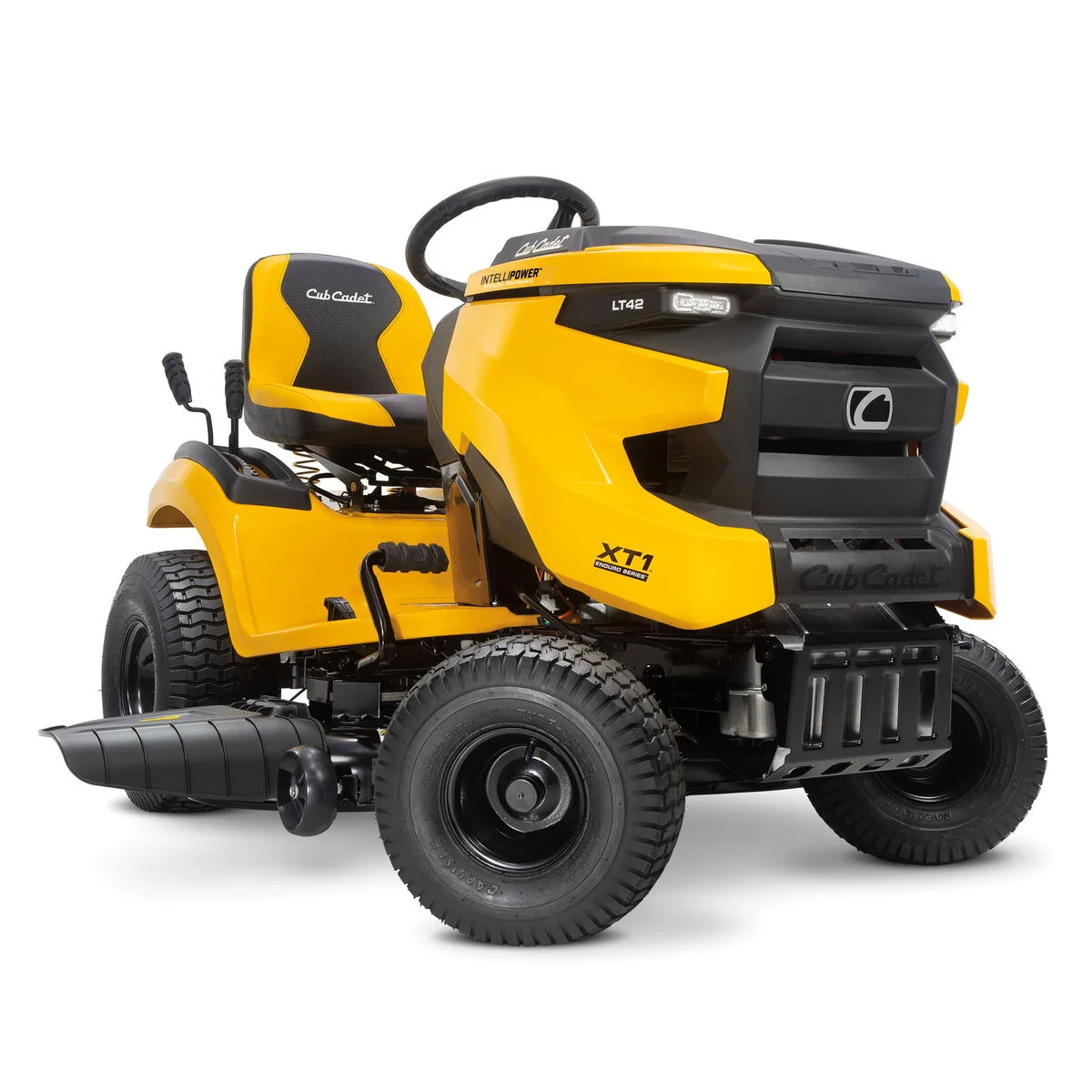 Cub Cadet XT1 Enduro LT42 rear three-quarter angle showing high-back seat and XT1 Enduro badge