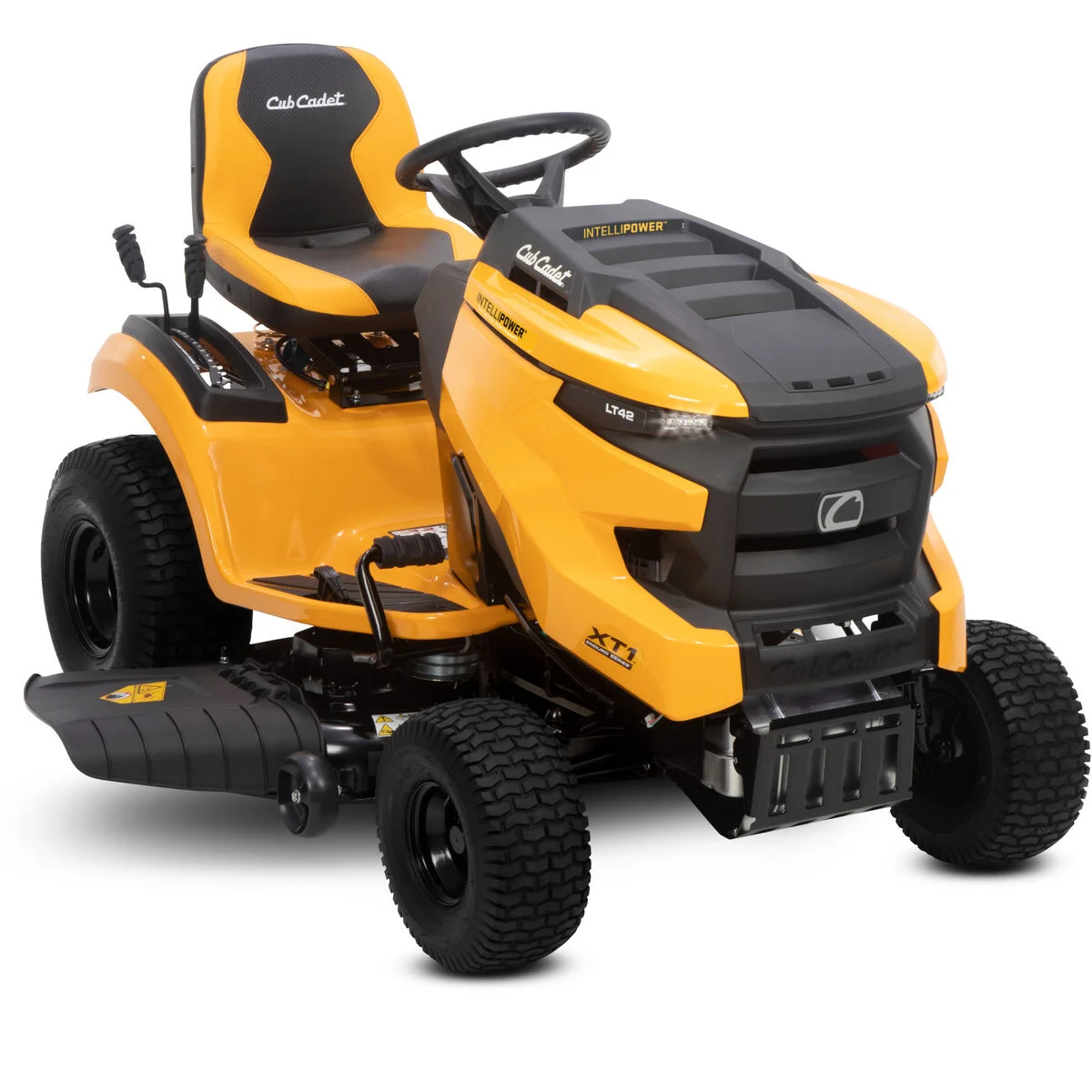 Cub Cadet XT1 Enduro LT42 front three-quarter angle showing steering wheel and IntelliPower hood