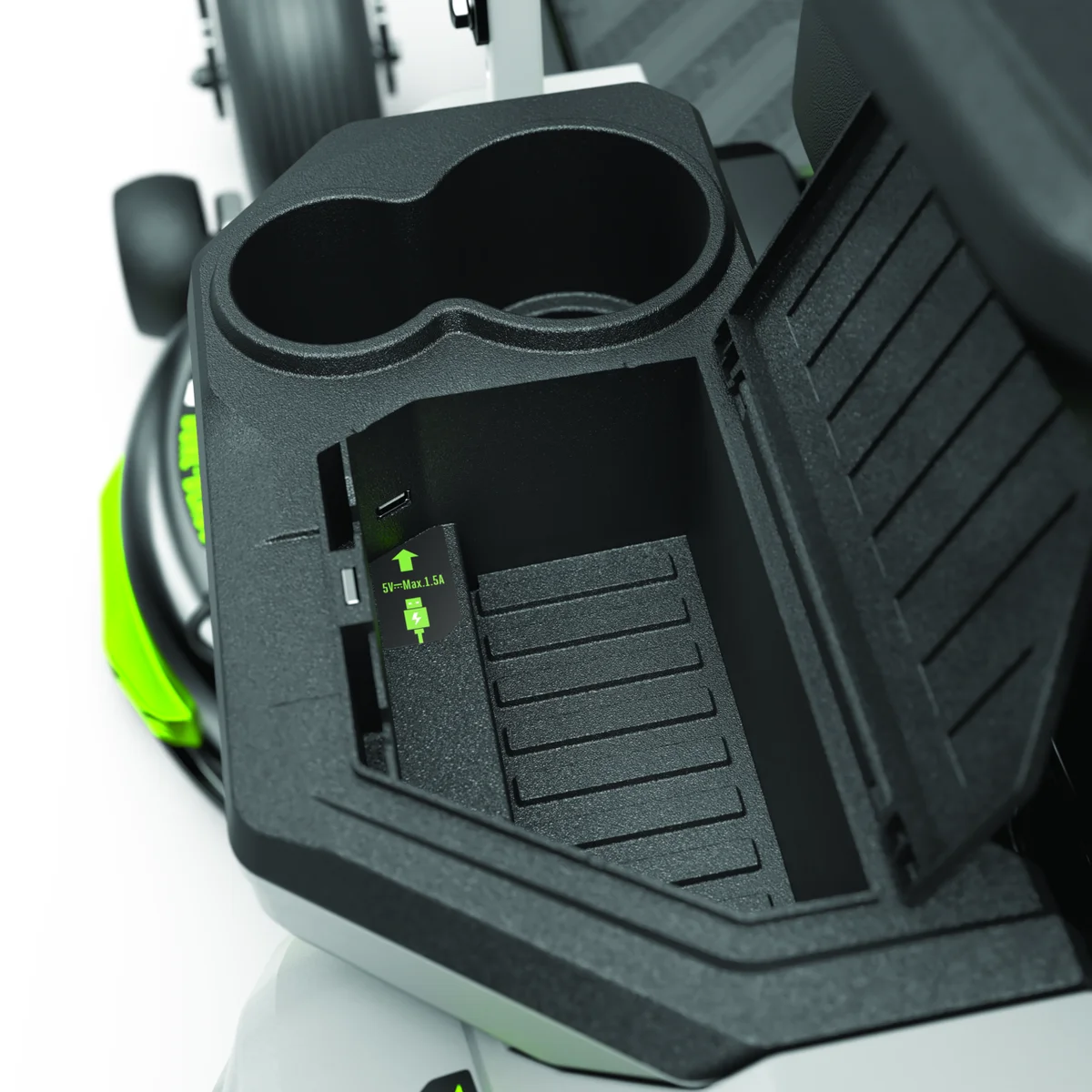 Ego Power+ Z6 cup holder and USB charging port close-up detail