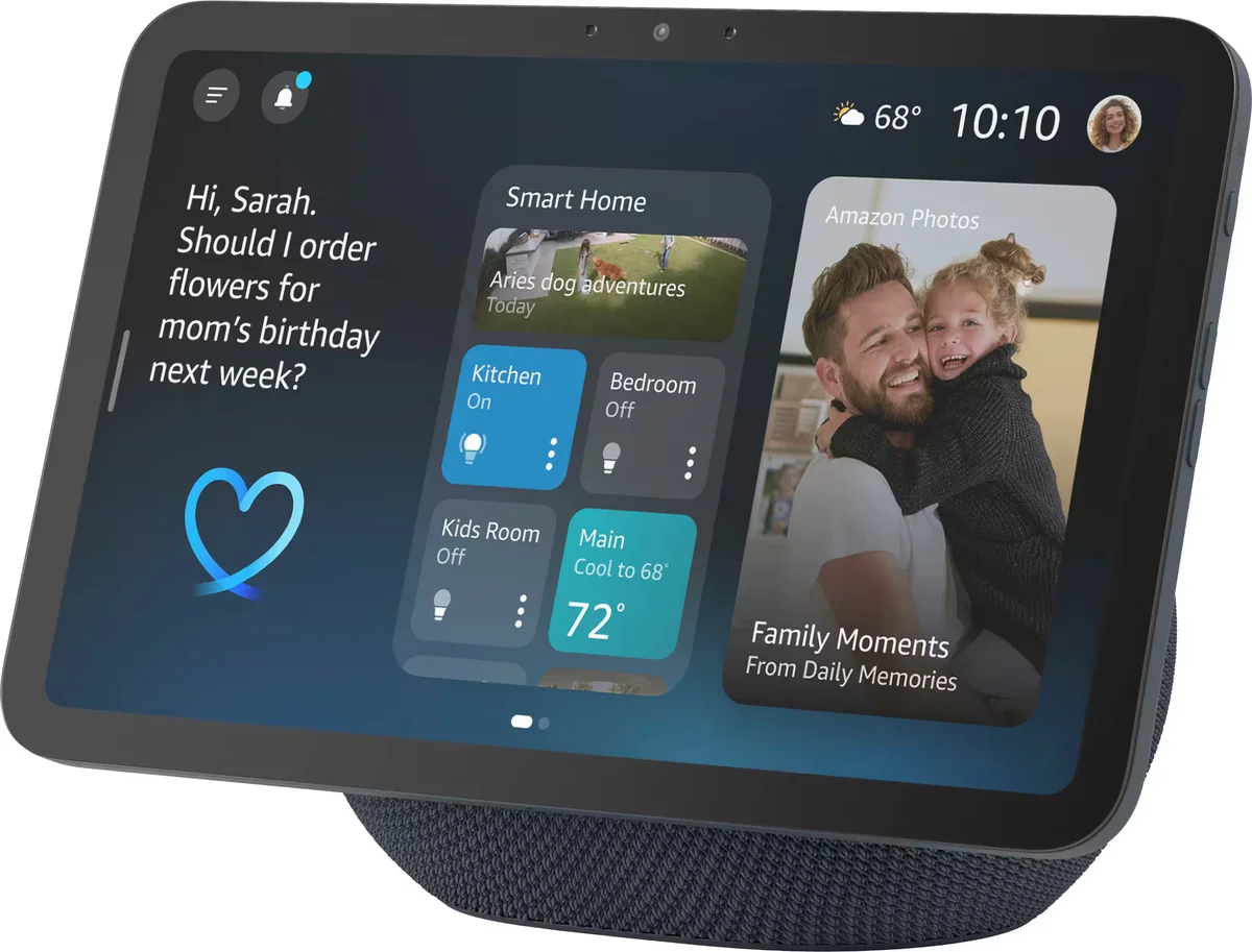 Amazon Echo Show 8 (2025) angled 3/4 view on white background showing the screen, camera bar, and side buttons