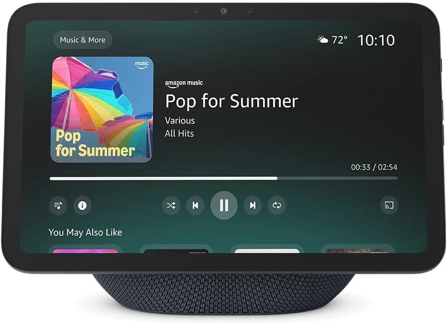 Amazon Echo Show 8 (2025) front view on white background showing the 8.7-inch HD display and fabric-wrapped speaker base