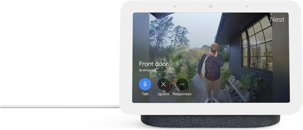 Google Nest Hub (2nd Gen) displaying a Nest doorbell camera feed, showing its smart home hub capability