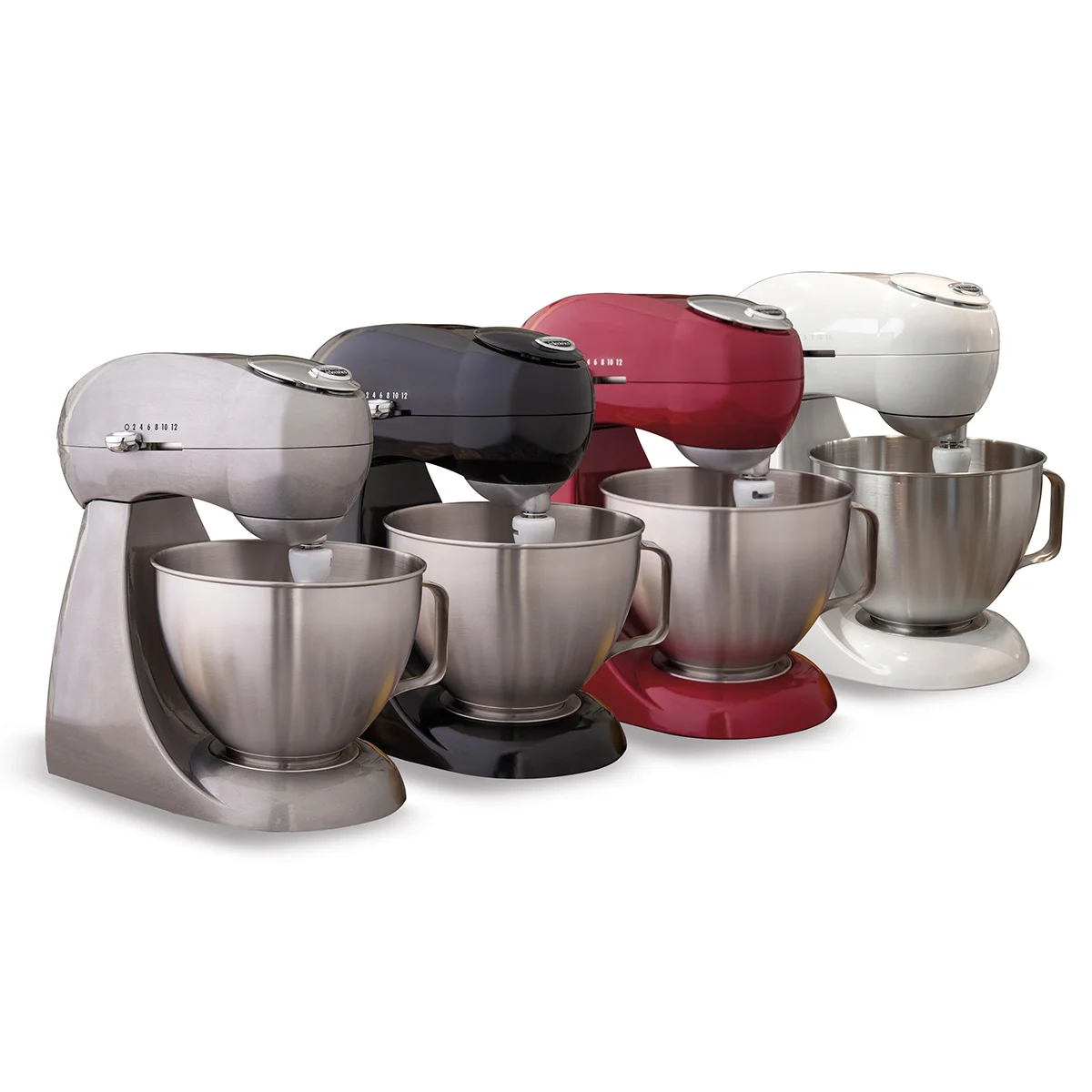 Hamilton Beach Eclectrics All-Metal Stand Mixer shown in all four available colors: sterling, licorice, carmine red, and white