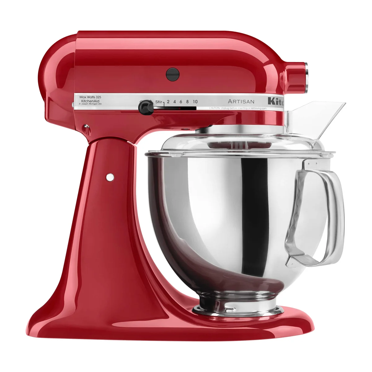 KitchenAid Artisan 5-Quart Stand Mixer in Empire Red, 3/4 front view with stainless steel bowl