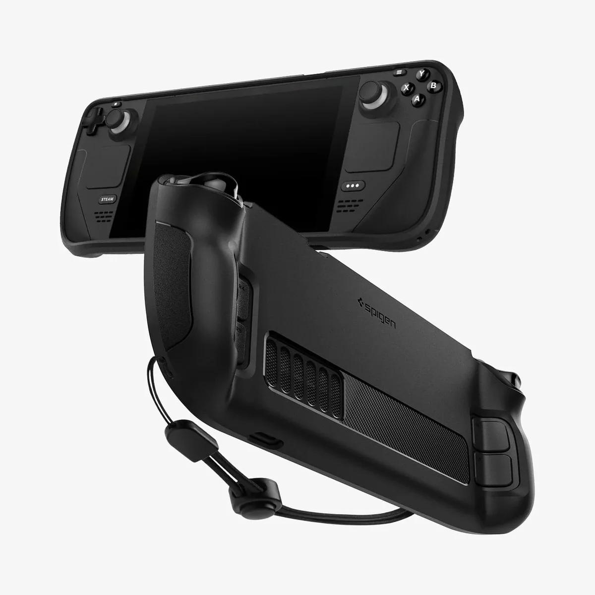 Spigen Rugged Armor Steam Deck case shown front and back with attached wrist strap