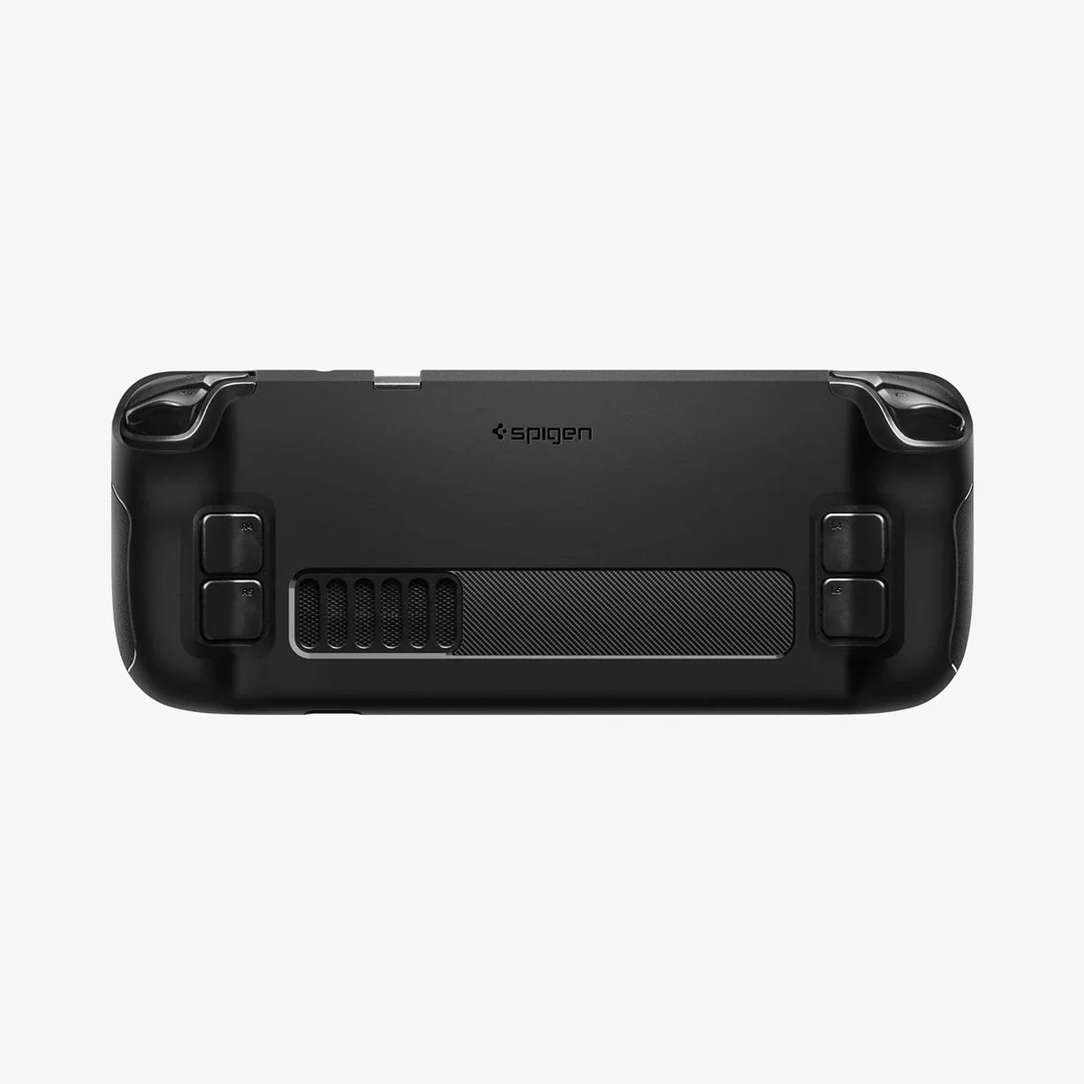 Rear of the Spigen Rugged Armor Steam Deck case showing carbon-fiber accent panel and port cutouts