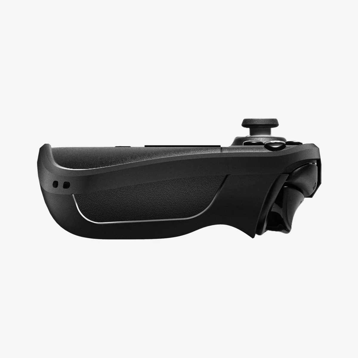 Side profile close-up of the Spigen Rugged Armor Steam Deck case showing the sculpted grip