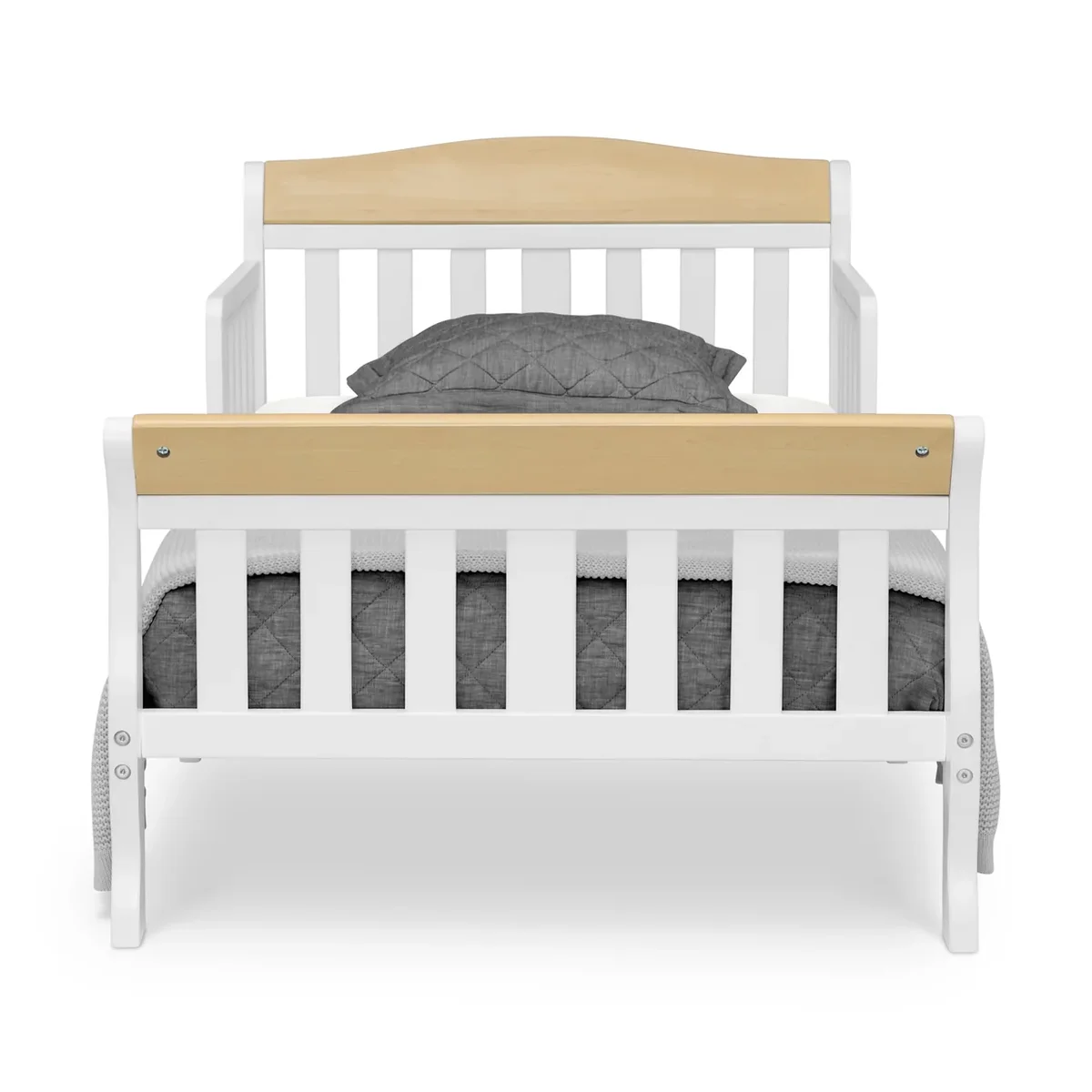 Delta Children Canton Toddler Bed head-on front view showing the slatted guardrail and low sleigh frame