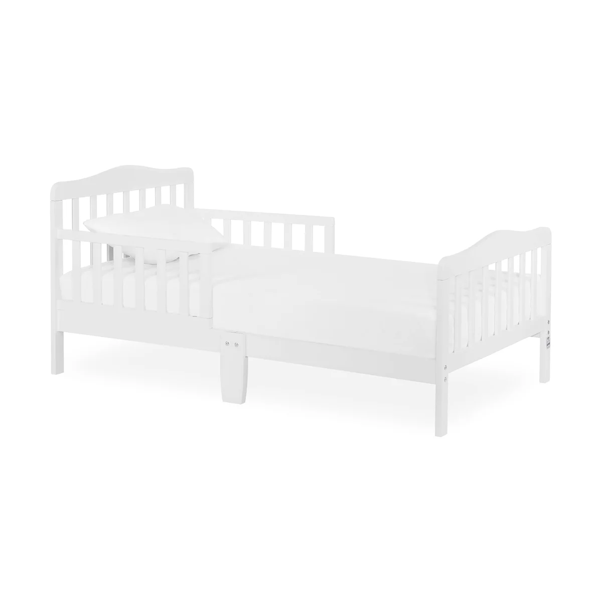 Dream On Me Classic Design Toddler Bed in white, mirrored angle highlighting the low frame and side-rail slats