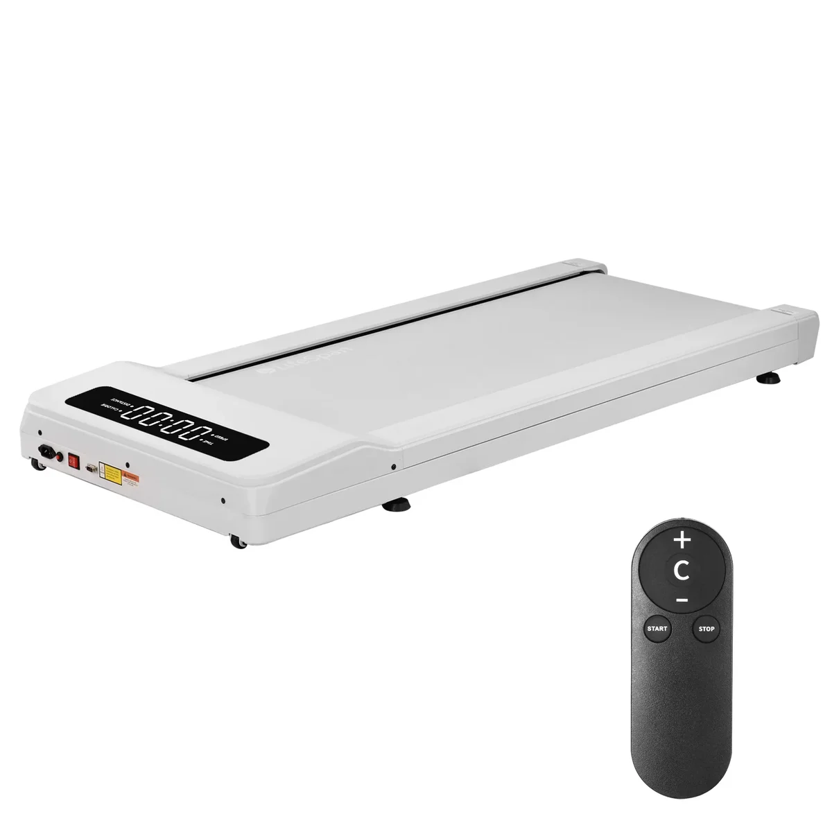 LifeSpan TX6-GlowUp under-desk treadmill in white, 3/4 angle with remote control