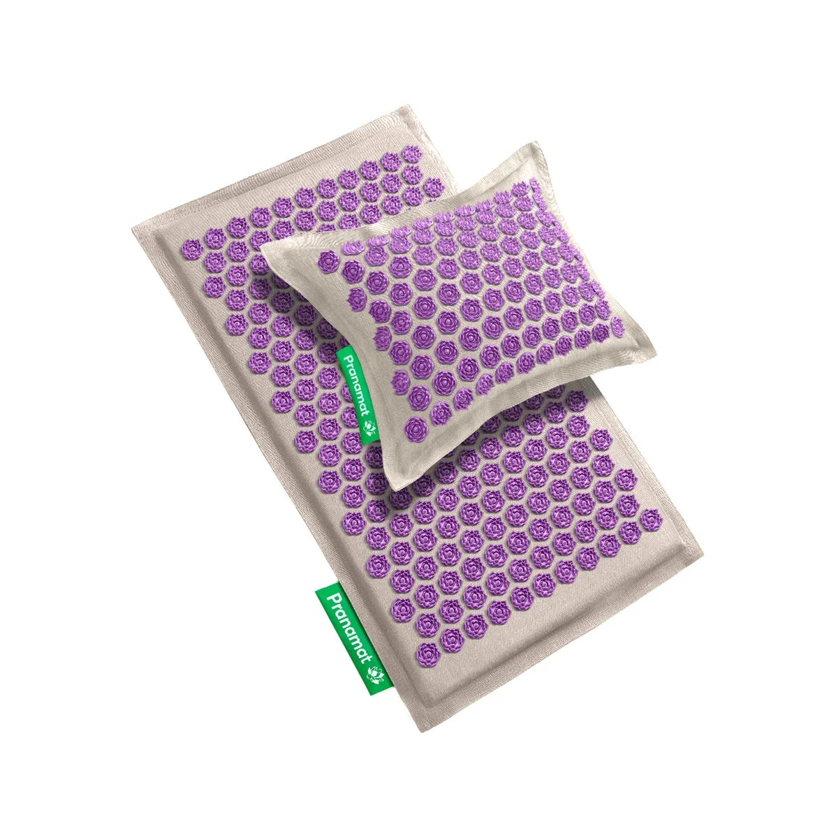 Pranamat ECO massage set with natural linen mat and pillow and purple lotus-disc spikes