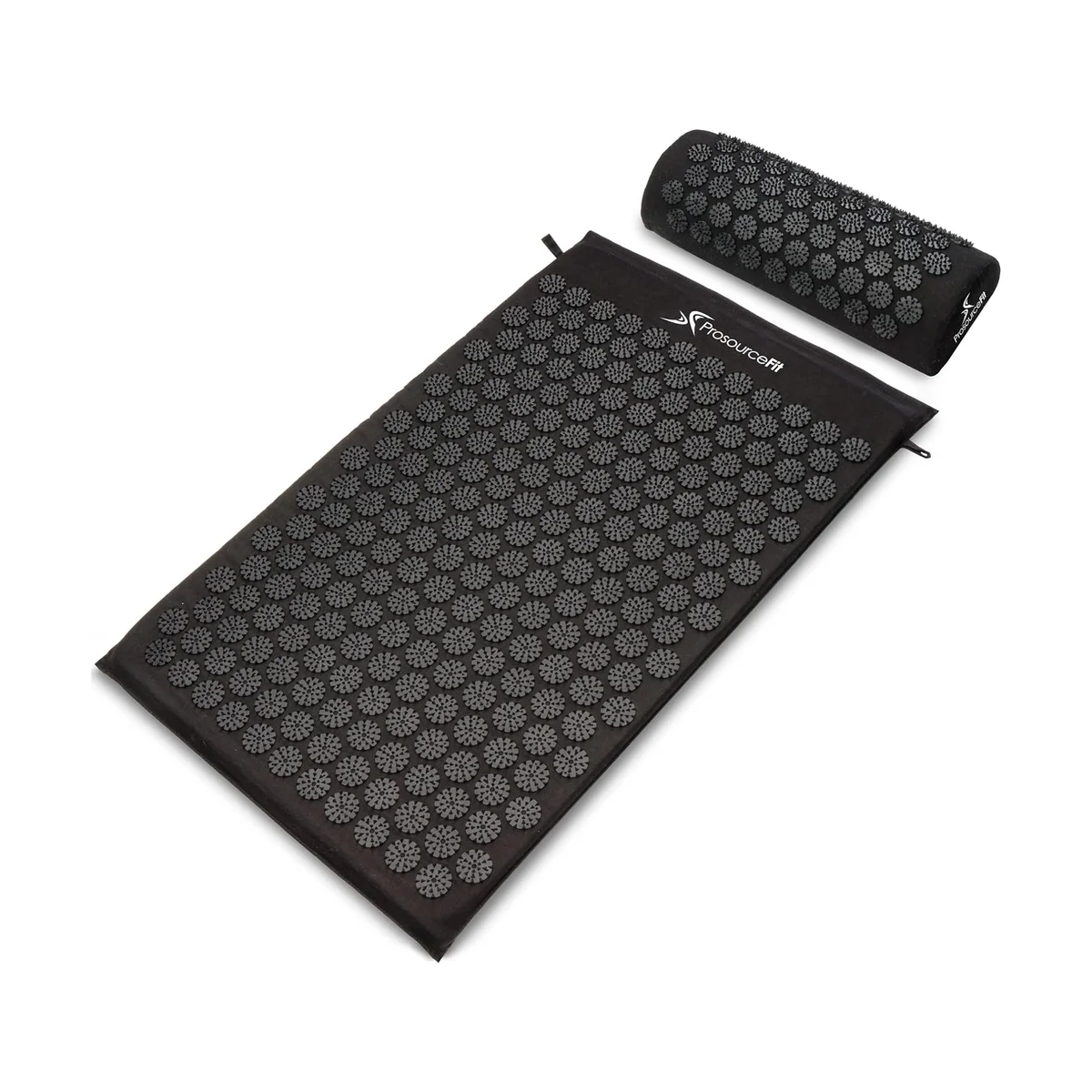 ProsourceFit Acupressure Mat and Pillow Set in black, alternate angle highlighting the lotus-disc spike layout on the mat and pillow
