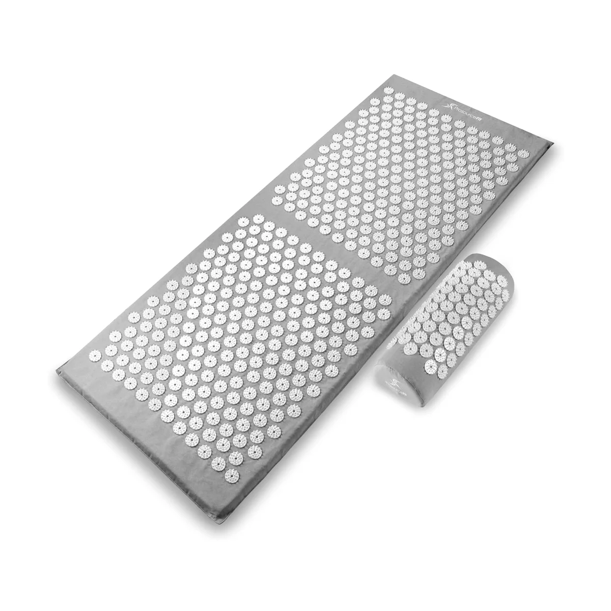 ProsourceFit acupressure mat and bolster in grey shown at an elevated angle, illustrating the cushioned foam depth and cotton-linen cover