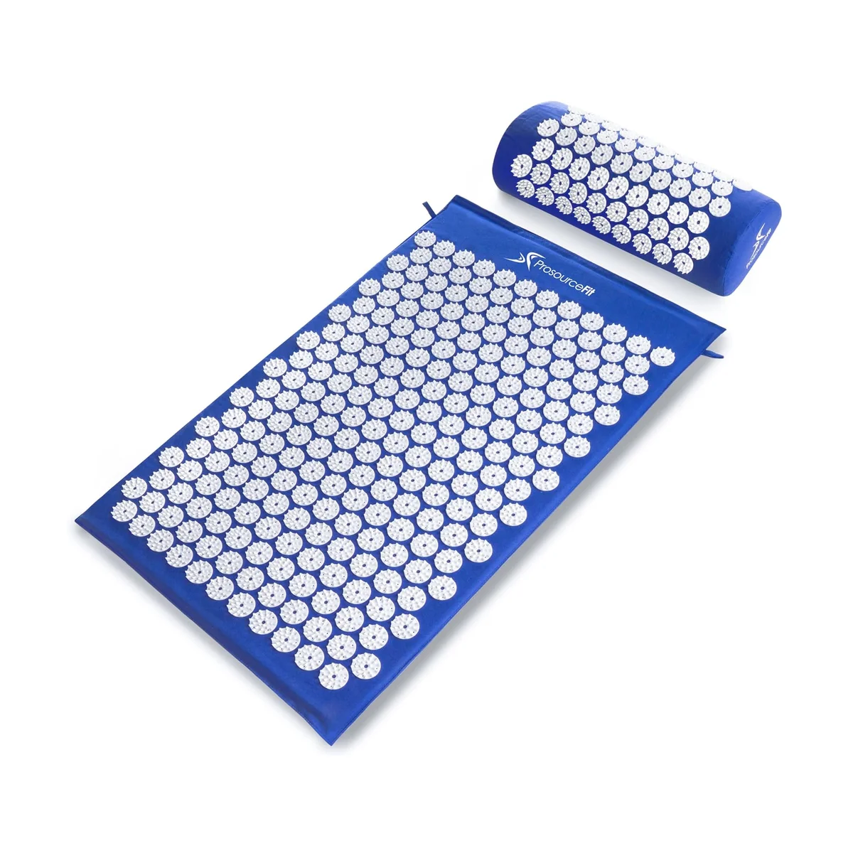 ProsourceFit Acupressure Mat and Pillow Set in blue, three-quarter view showing the white plastic acupressure spikes
