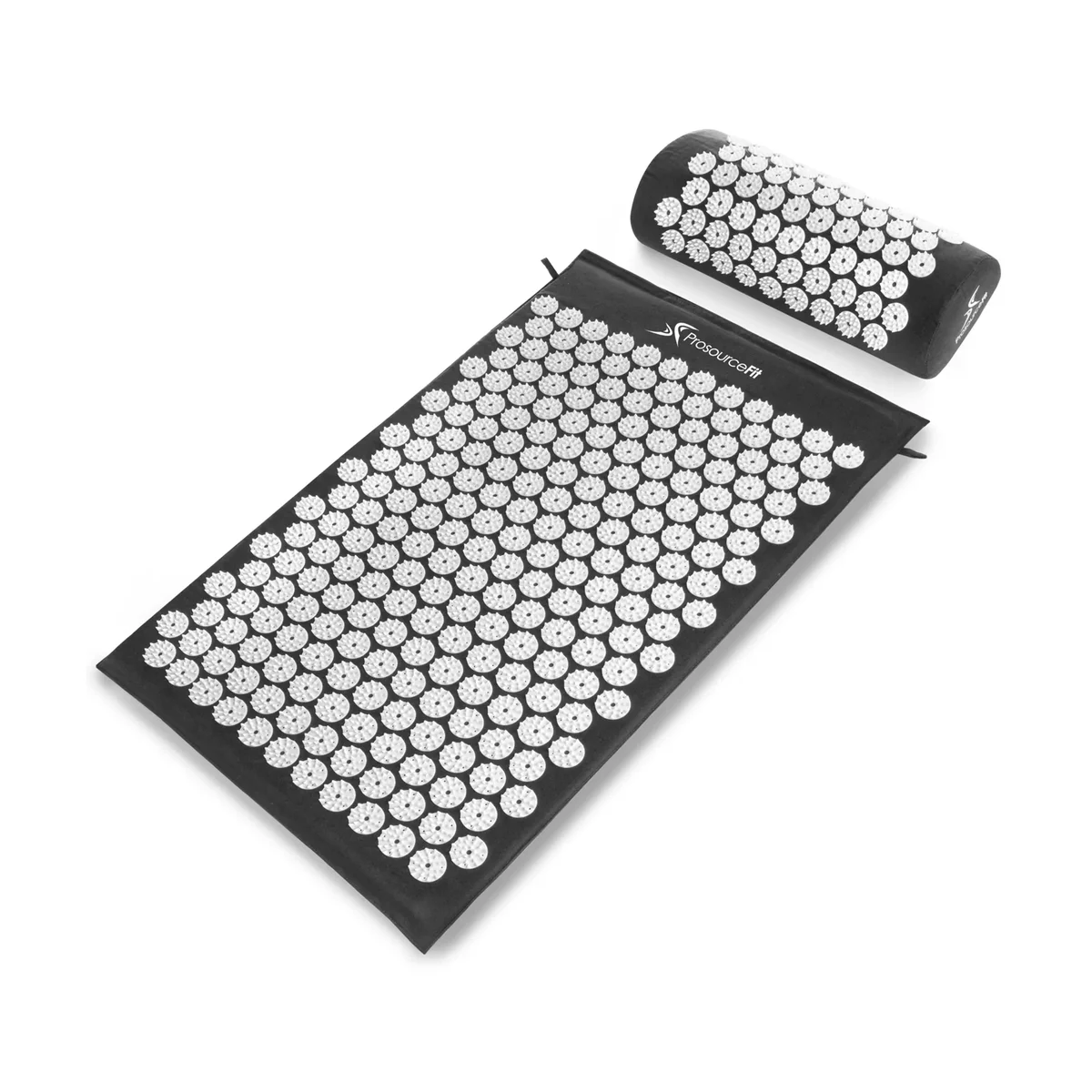 ProsourceFit Acupressure Mat and Pillow Set in black, front three-quarter view showing the spiked mat and bolster pillow