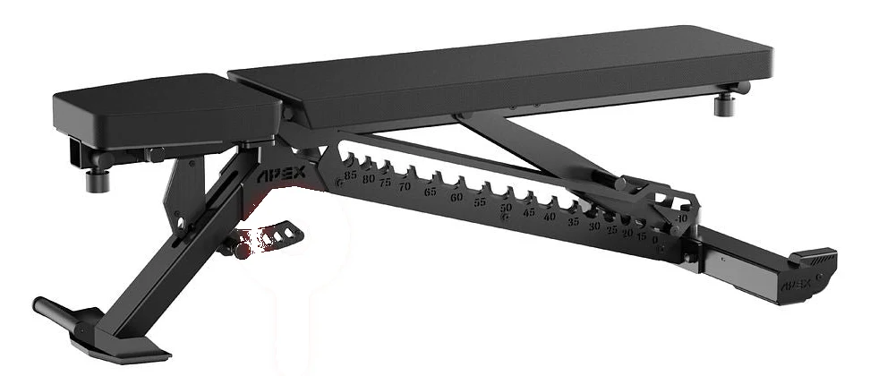 APEX Adjustable Bench black FID weight bench in flat position, 3/4 studio view