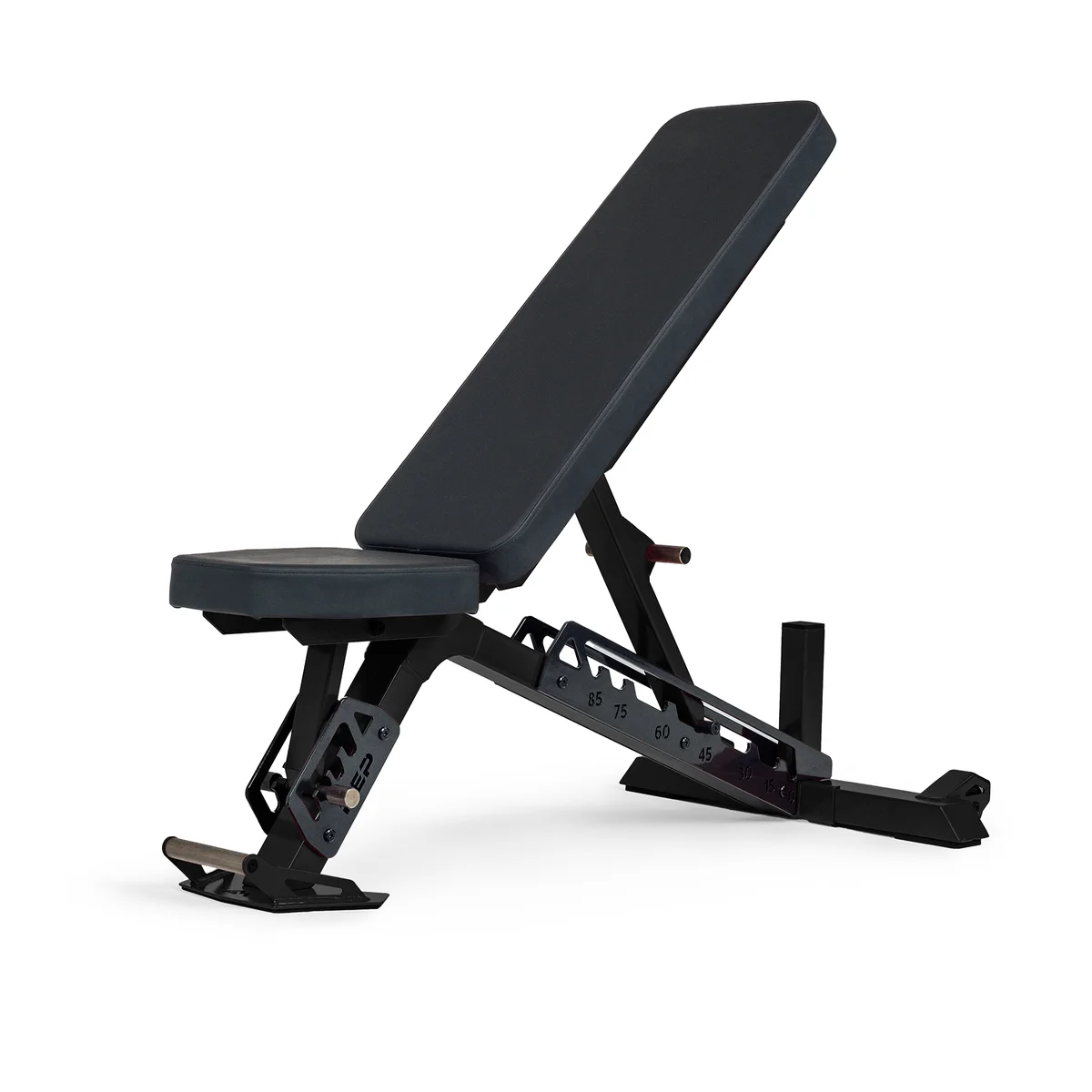 REP Nighthawk Adjustable Bench in Metallic Black, 3/4 angle studio shot showing the full adjustable back pad, seat, and enclosed ladder frame