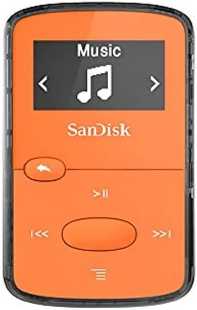 SanDisk Clip Sport Plus 32GB MP3 player front view showing controls and LCD screen on white background