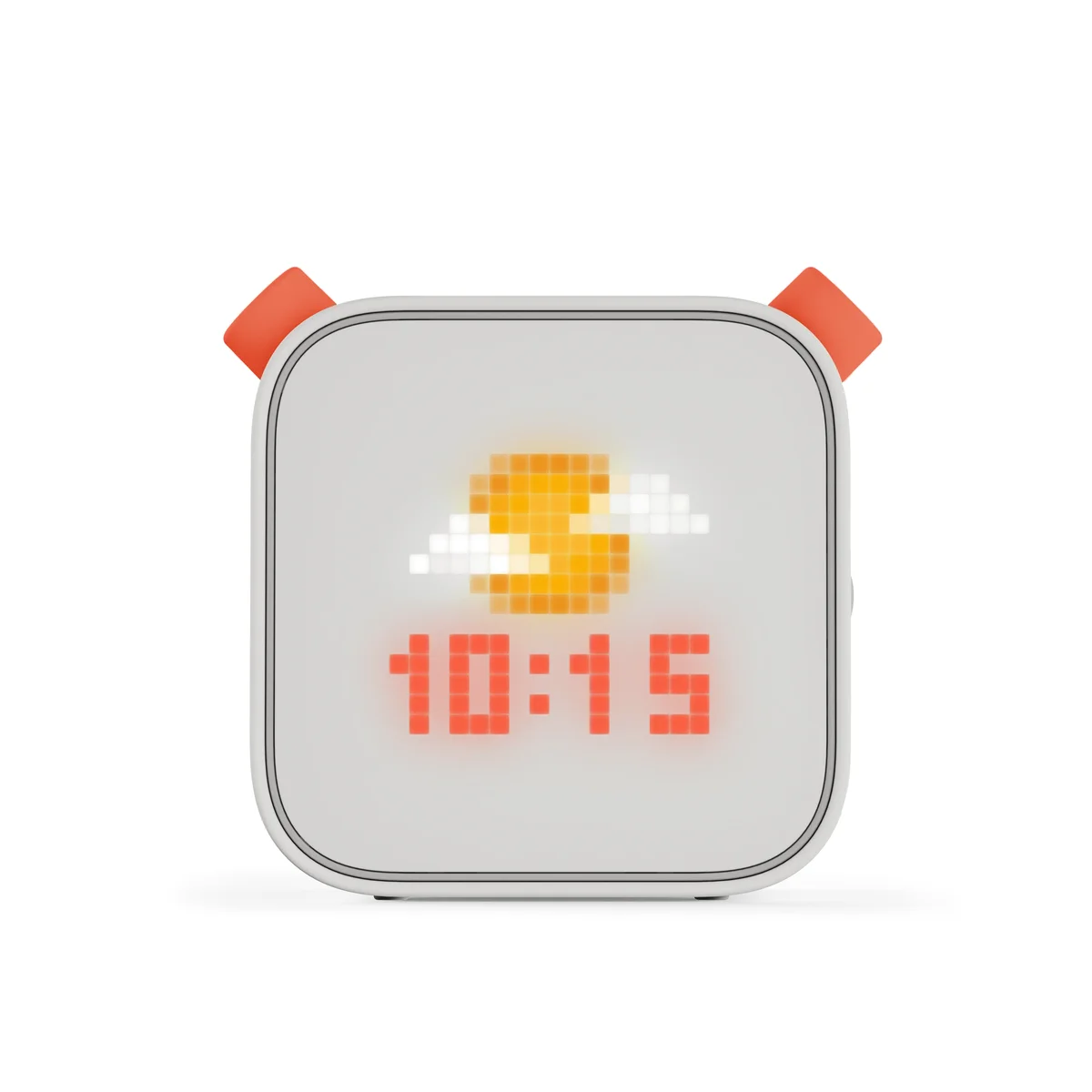Yoto Player 3rd Generation front view showing pixel display with clock on white background