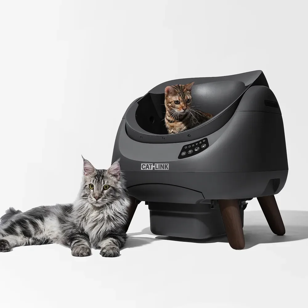 CatLink Scooper OpenX automatic litter box shown from front and rear angles side by side, with a Bengal cat inside the bowl and a Maine Coon cat sitting beside the unit