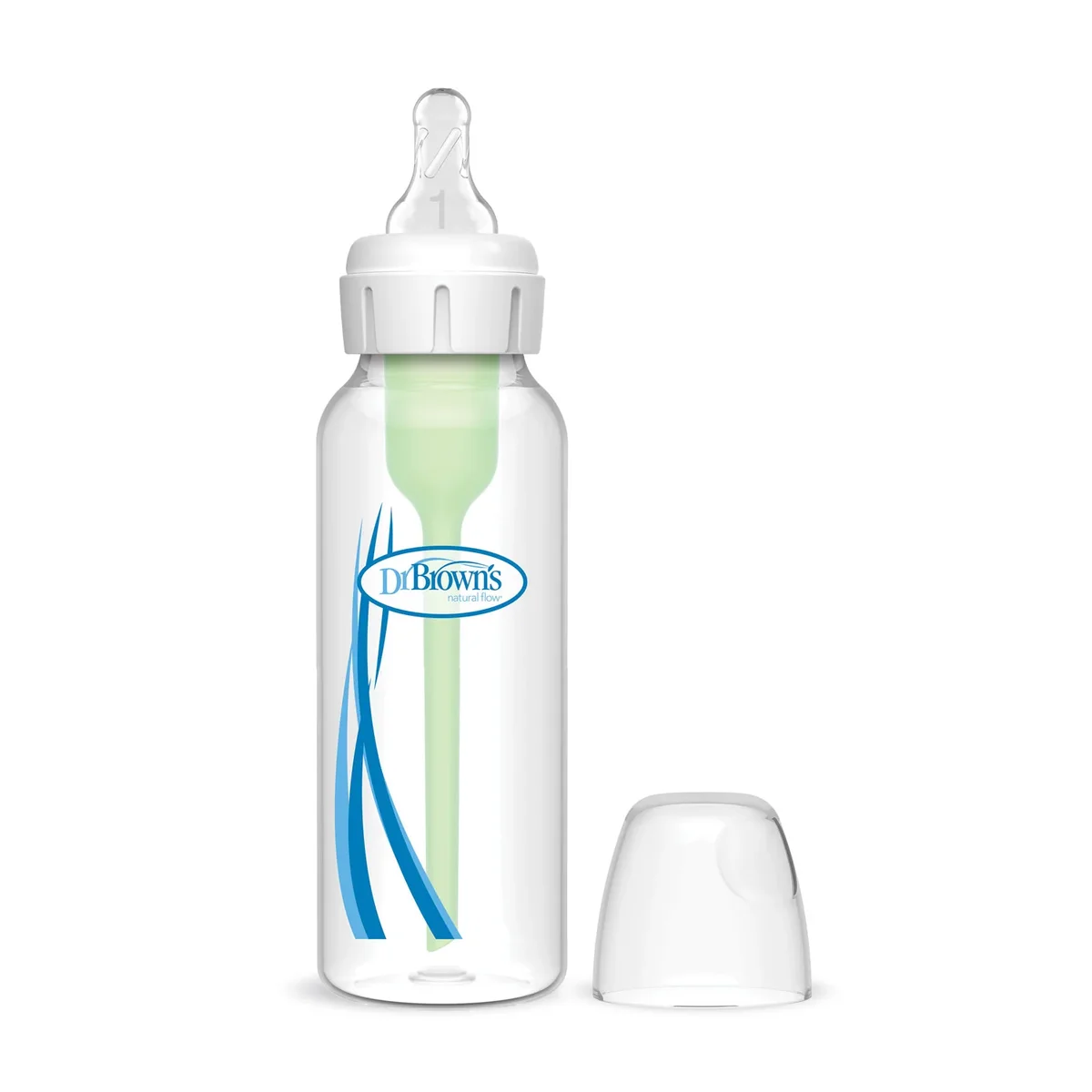 Dr. Brown's Options+ narrow 8oz bottle showing the two-piece internal vent system alongside the cap
