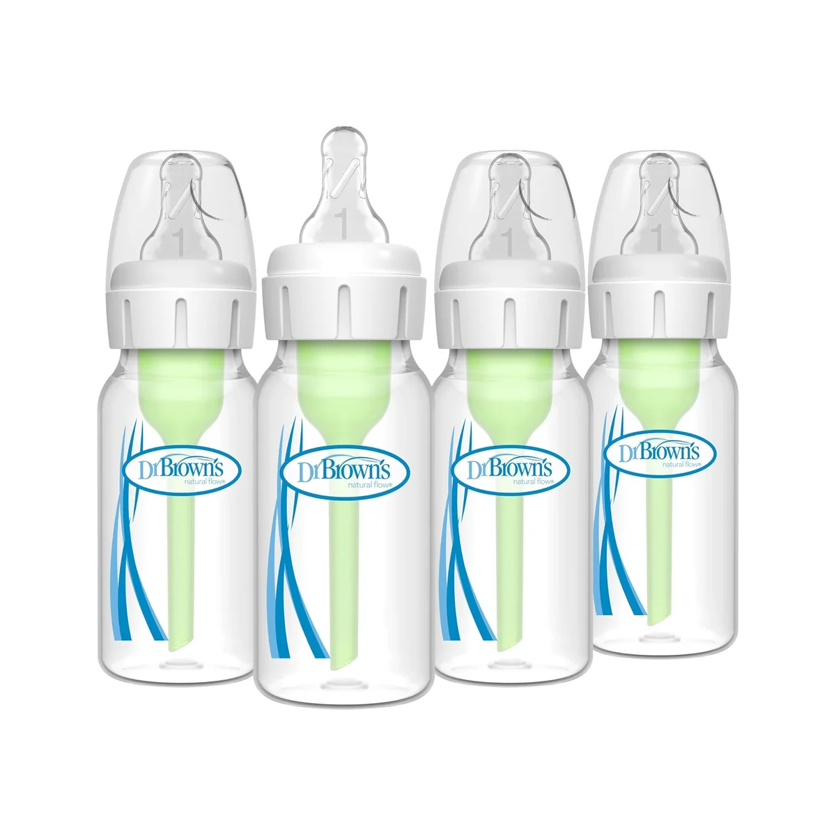 Dr. Brown's Natural Flow Options+ 4-pack front view showing the narrow bottle design and silicone nipple