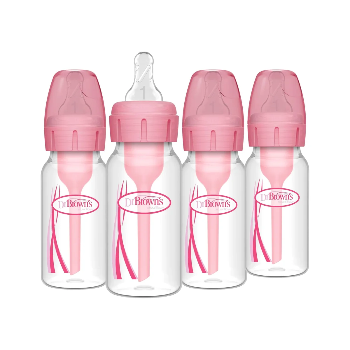 Dr. Brown's Options+ Anti-Colic Baby Bottle 4-pack in pink, showing the narrow bottle profile with vent system