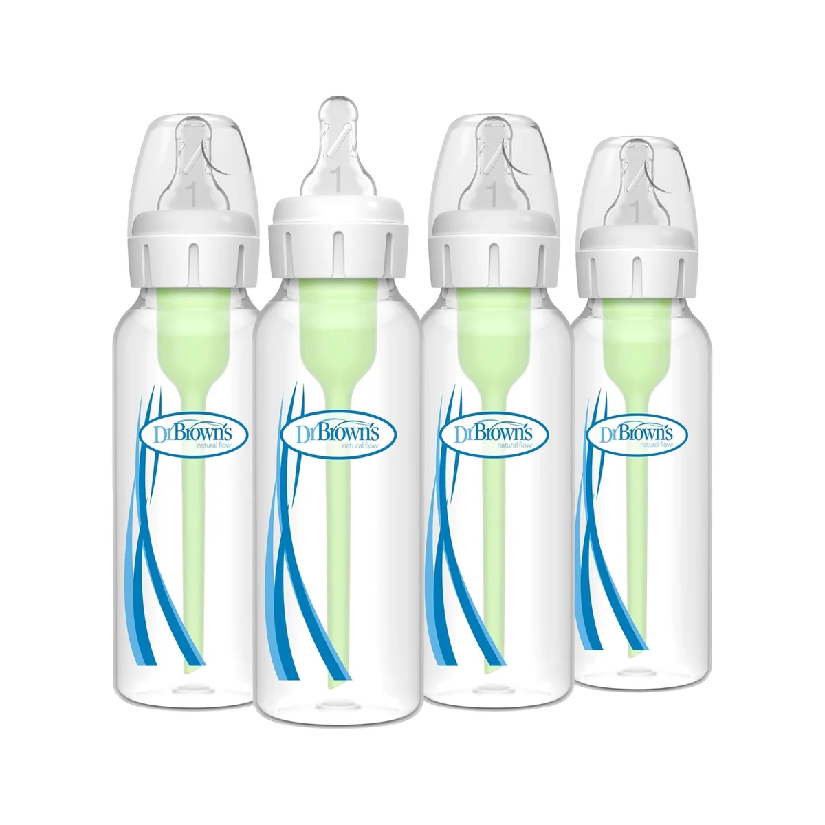 Dr. Brown's Natural Flow Options+ Anti-Colic Baby Bottle 4-pack in clear with green vent system