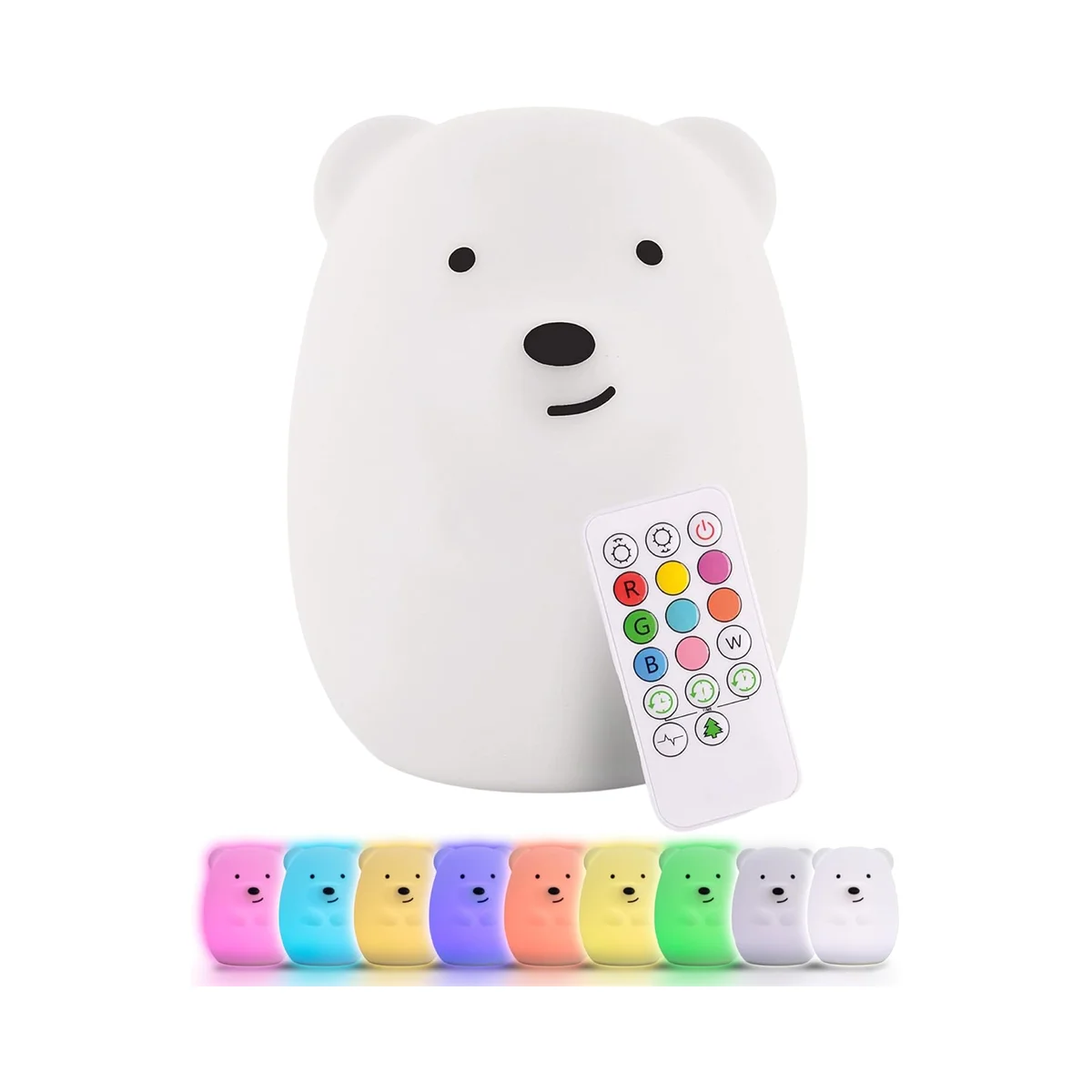 LumiPets Bear Night Light showing all 9 color modes with remote control