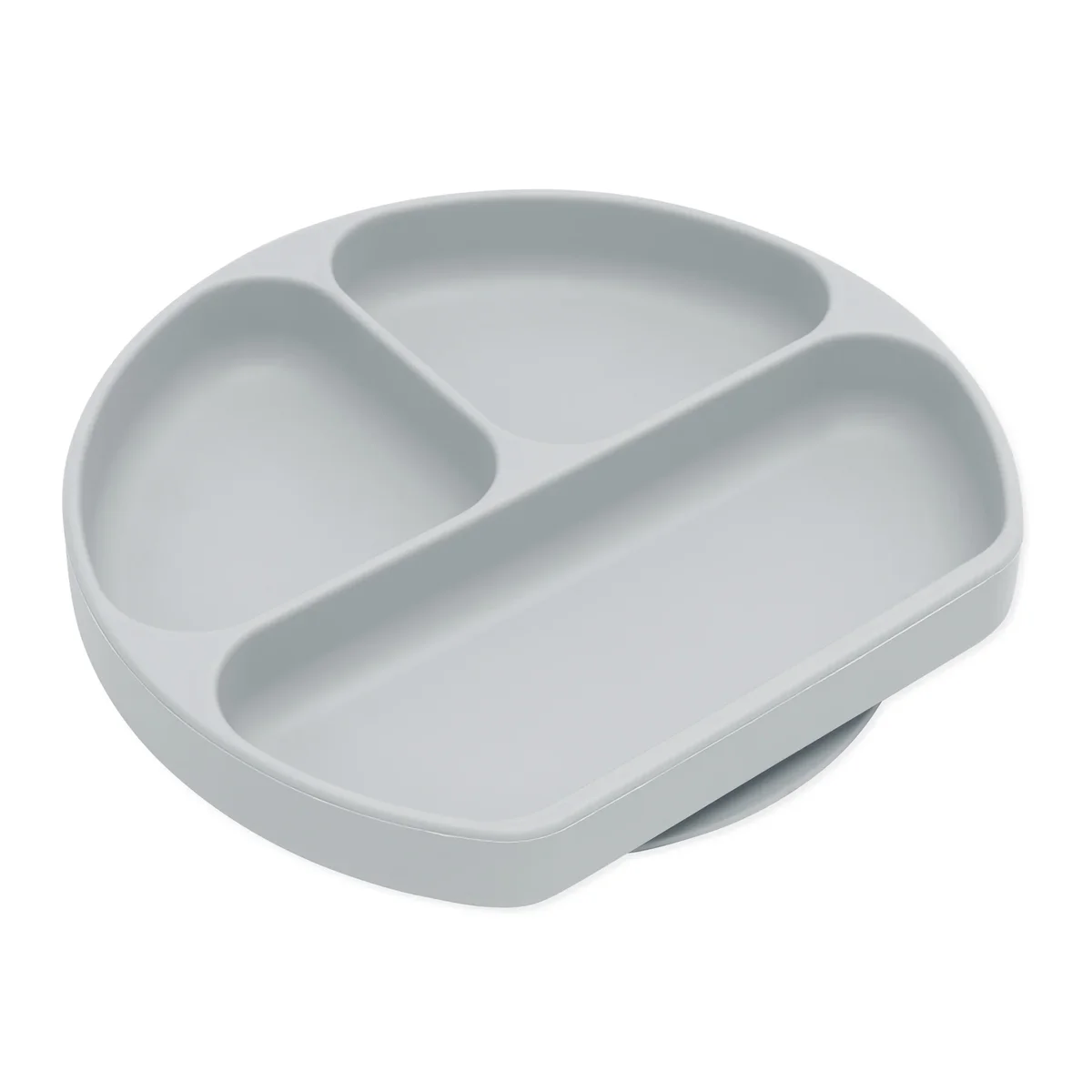 Bumkins Silicone Grip Dish in gray, 3/4 view showing three divided sections and suction base