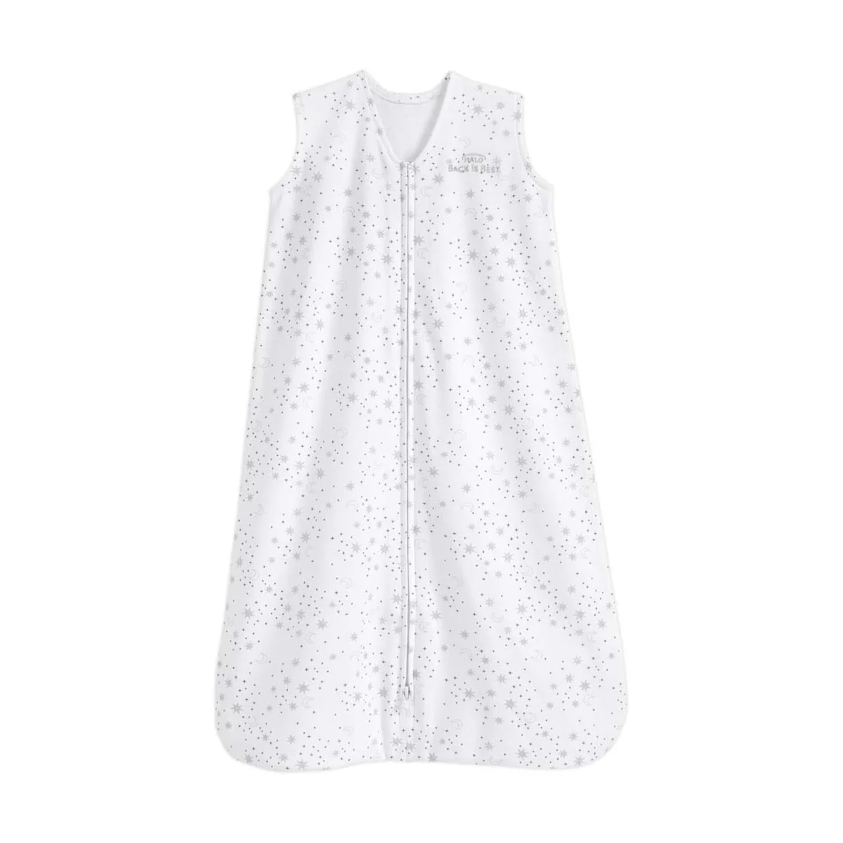 Halo SleepSack cotton wearable blanket in white with grey star and moon print, front view