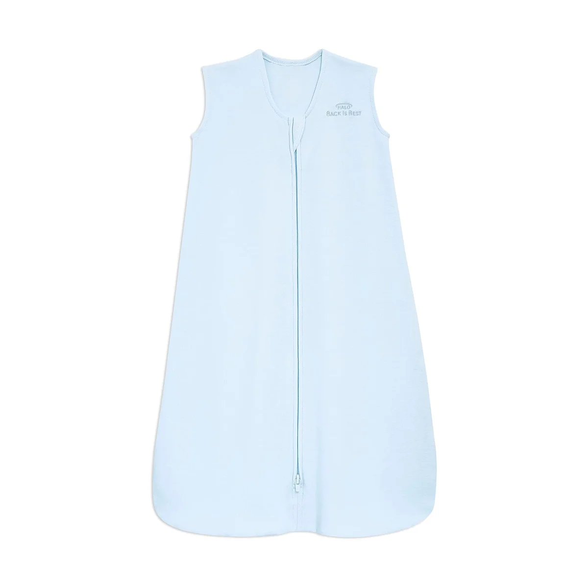 Halo SleepSack cotton wearable blanket in blue, front view with inverted zipper