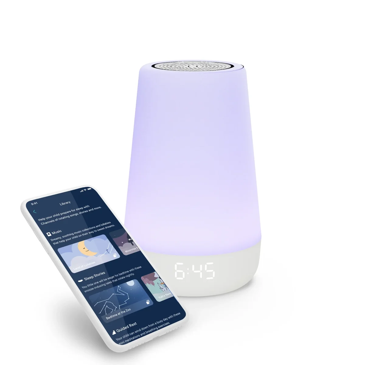 Hatch Rest 2nd Gen sound machine and night light with Hatch app on smartphone
