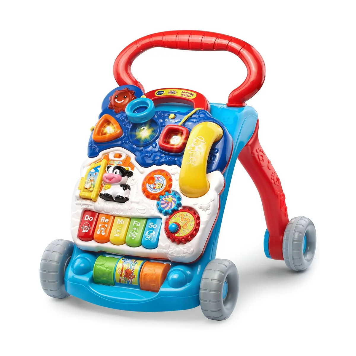 VTech Sit-to-Stand Learning Walker alternate three-quarter angle showing the handle and wheels