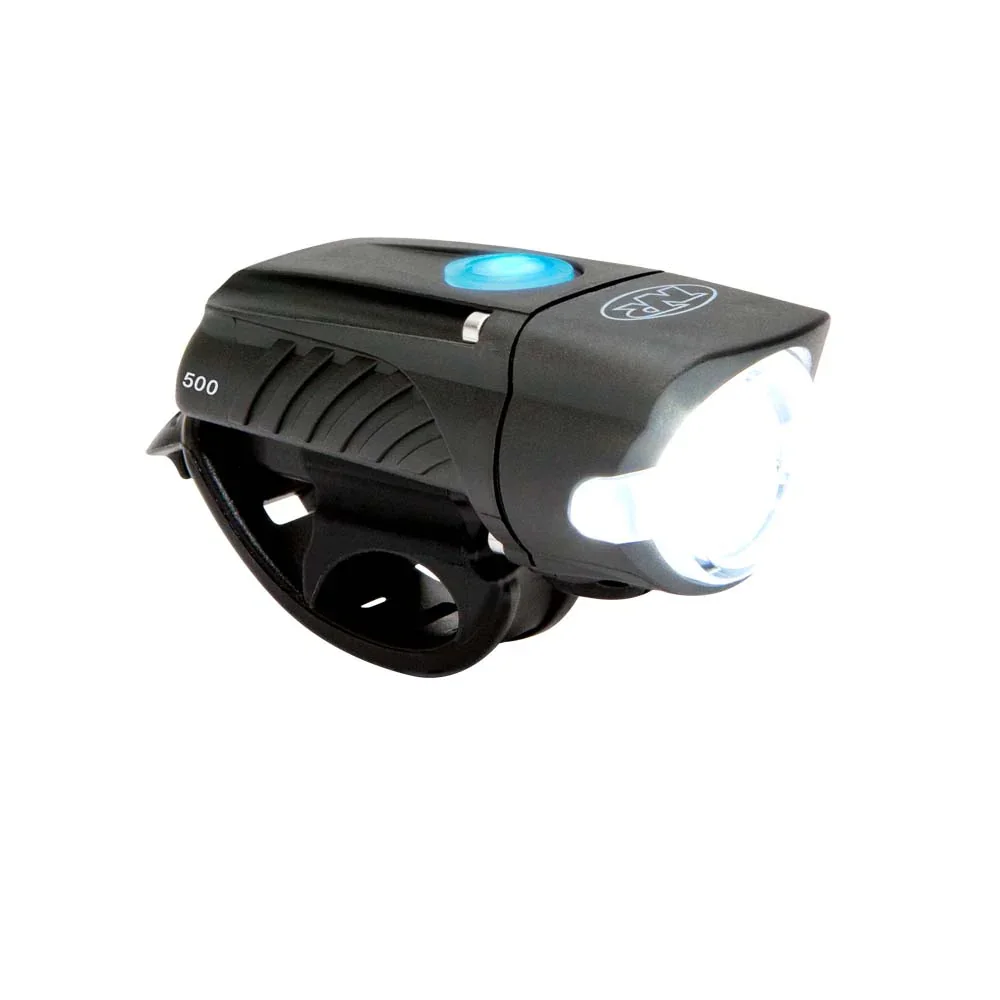 NiteRider Swift 500 front bike light, 3/4 angle view showing blue power button and LED lens