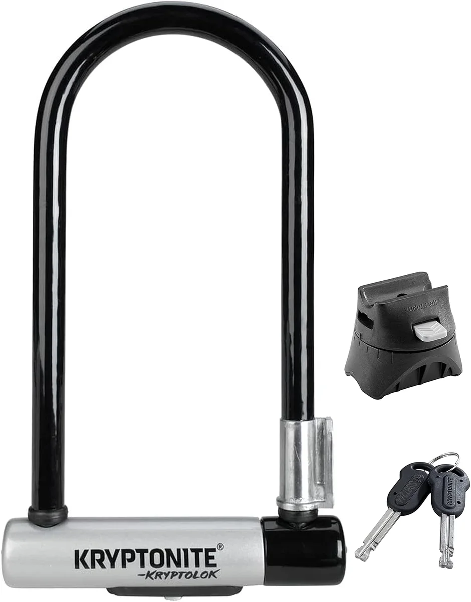 Kryptonite KryptoLok Standard U-lock with FlexFrame bracket and keys on white background