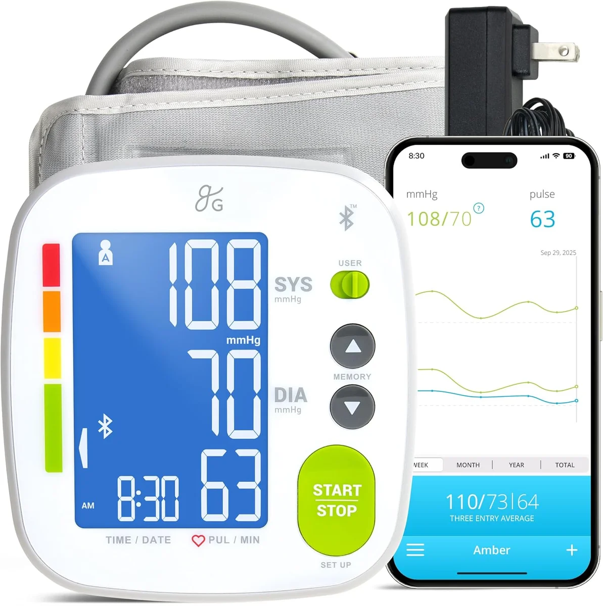 Greater Goods Bluetooth Smart Blood Pressure Monitor and cuff shown alongside a smartphone displaying the Balance Health tracking app