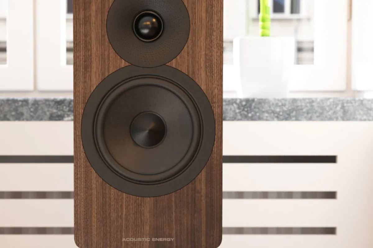 Acoustic Energy AE300 Mk2 walnut finish, close-up of 120mm paper woofer and fabric dome tweeter