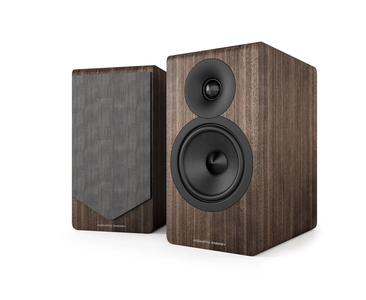 Acoustic Energy AE300 Mk2 walnut pair, one with grille and one without, 3/4 front view on white background