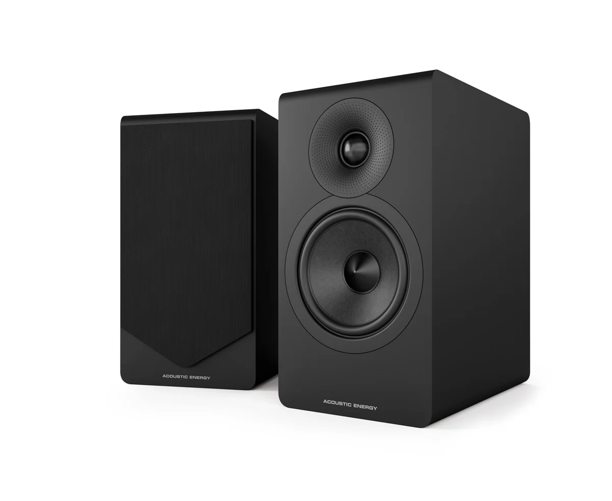 Acoustic Energy AE300 Mk2 matte black pair, 3/4 front view on white background