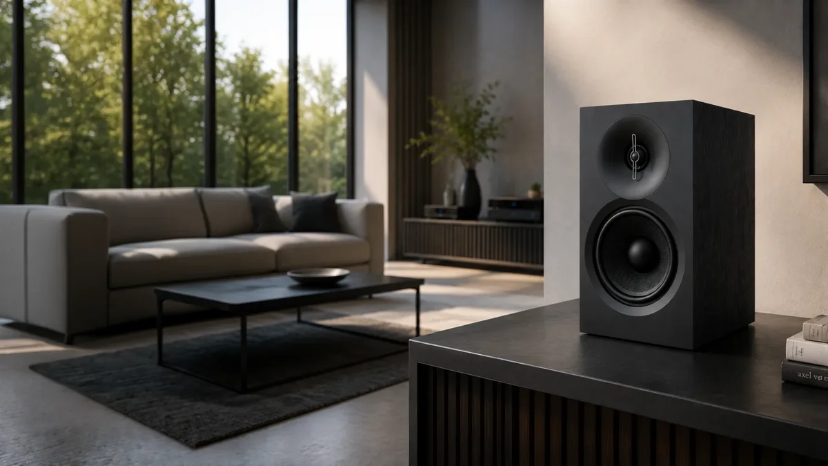 ELAC Debut 3.0 DB63 bookshelf speaker on a shelf in a living room setting