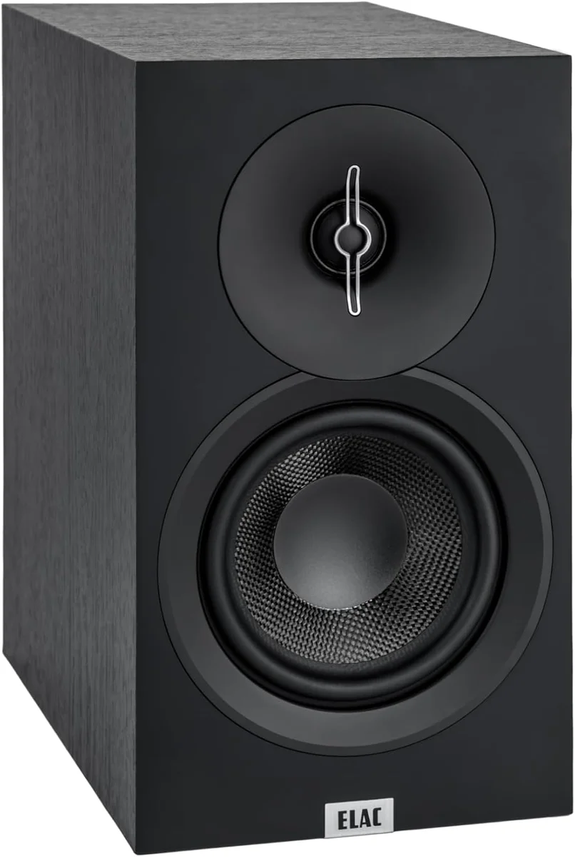 ELAC Debut 3.0 DB63 bookshelf speaker, Black Ash finish, 3/4 front view